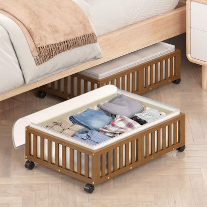 Bamboo Under Bed Storage with Wheels, Rolling Organizer