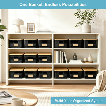 Plastic Storage Bins with Bamboo Lids, Stackable Organizer Boxes
