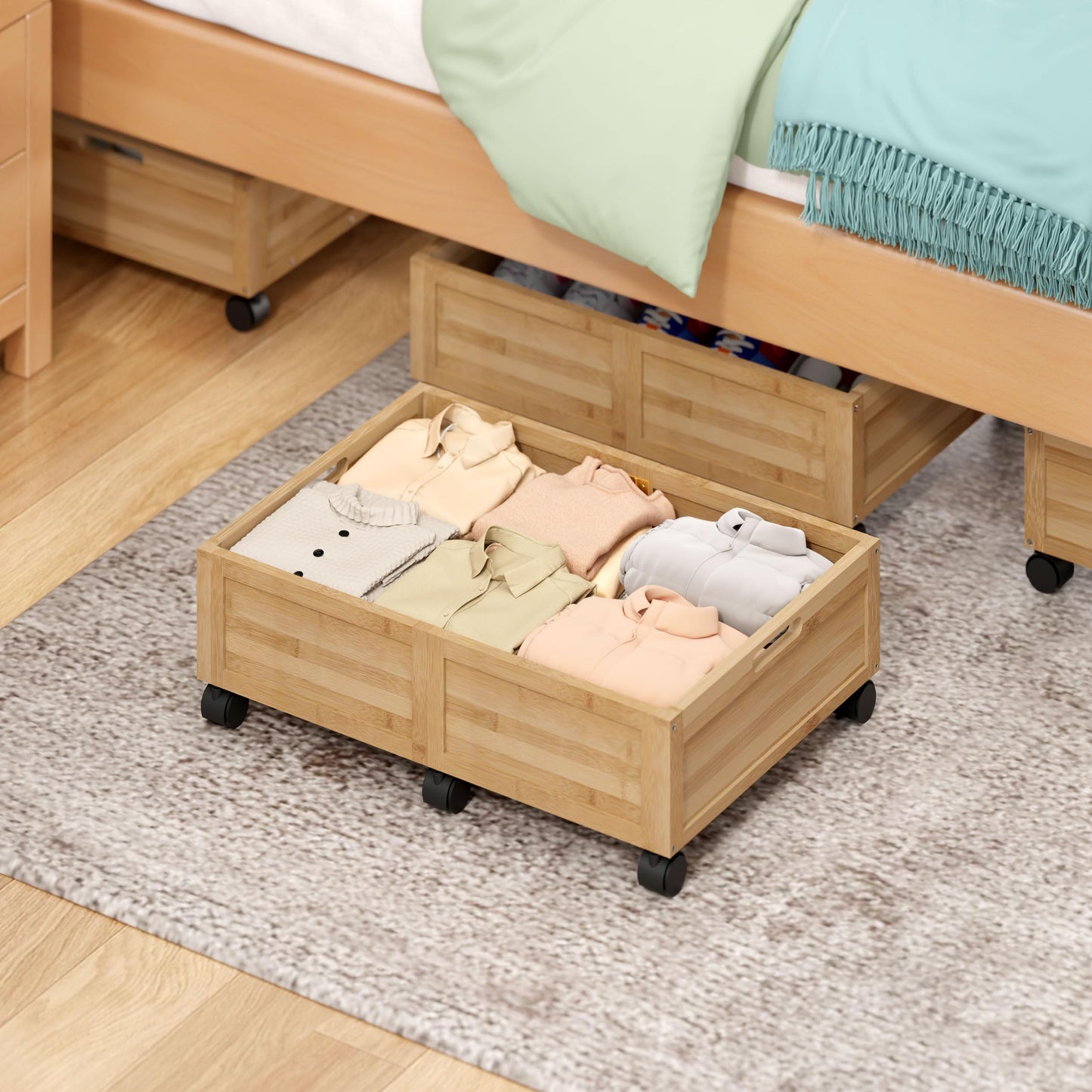 Wood Under Bed Storage Containers with Wheels, Rolling Shoe Organizer
