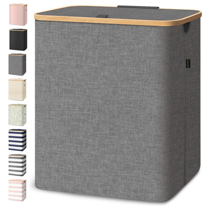 Laundry Hamper with Lid and Bamboo Handles, Tall Storage Basket