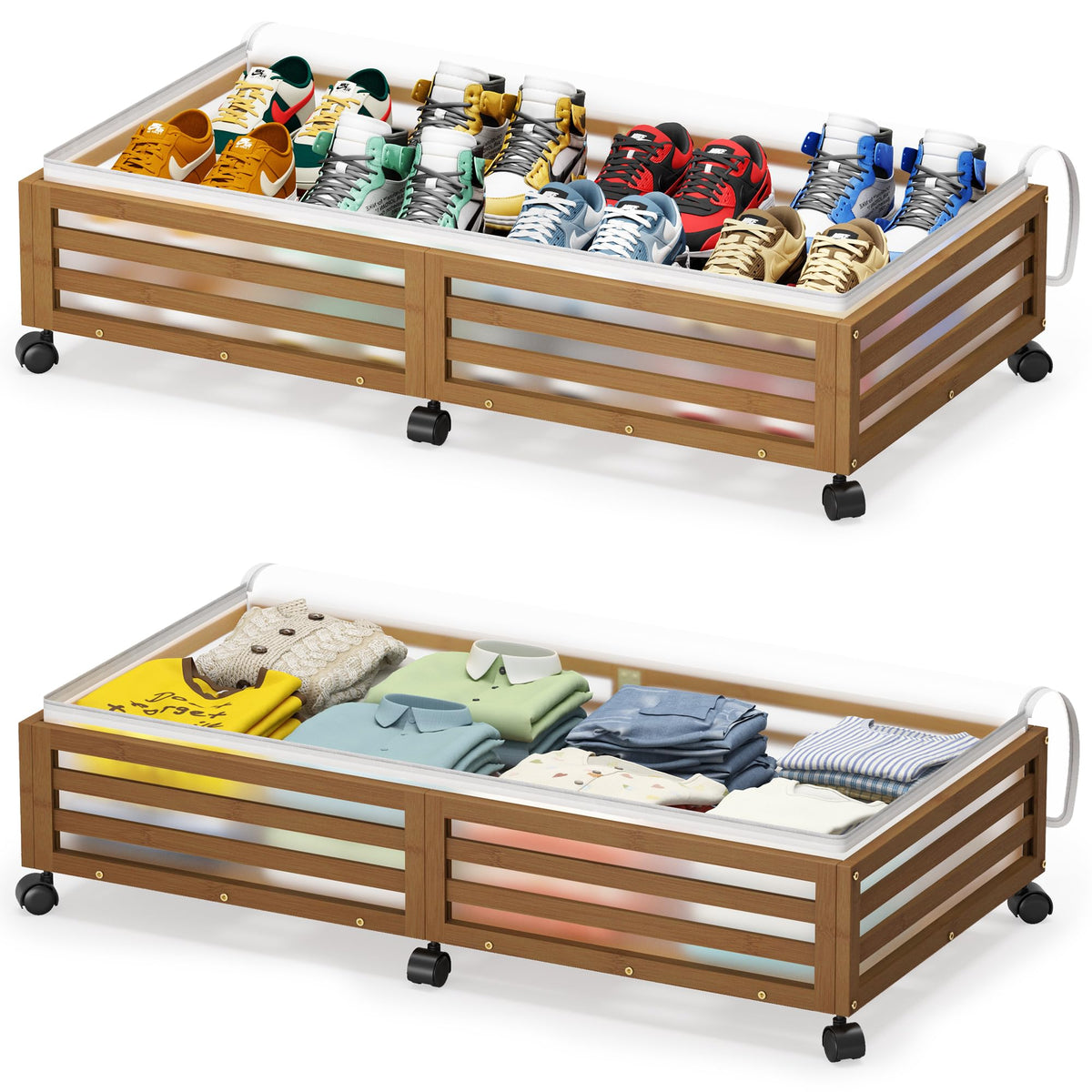Under Bed Storage Bins with Wheels, Bamboo Shoe Organizer