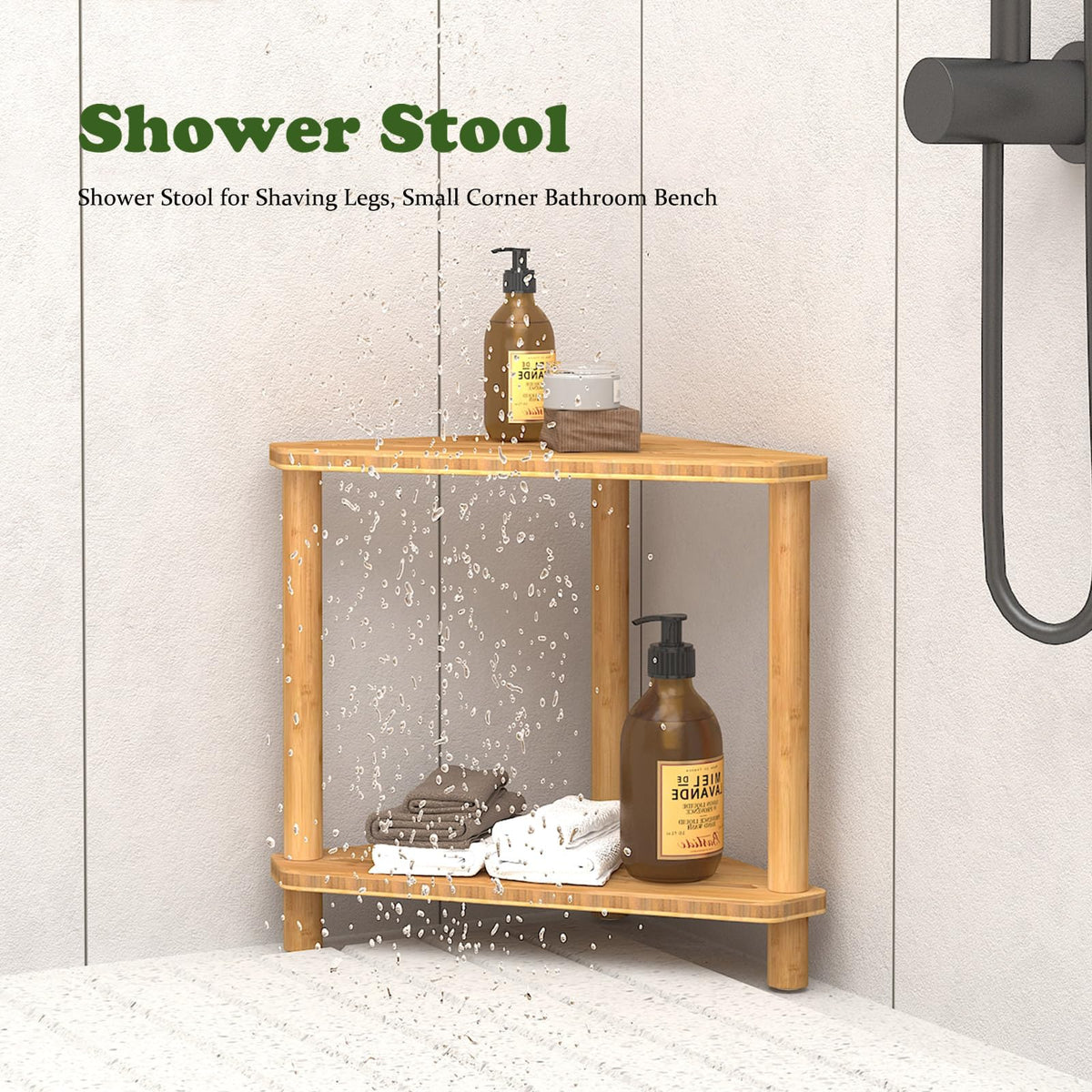 Bamboo Corner Shower Stool with Storage Shelf, 2 Tier Bench