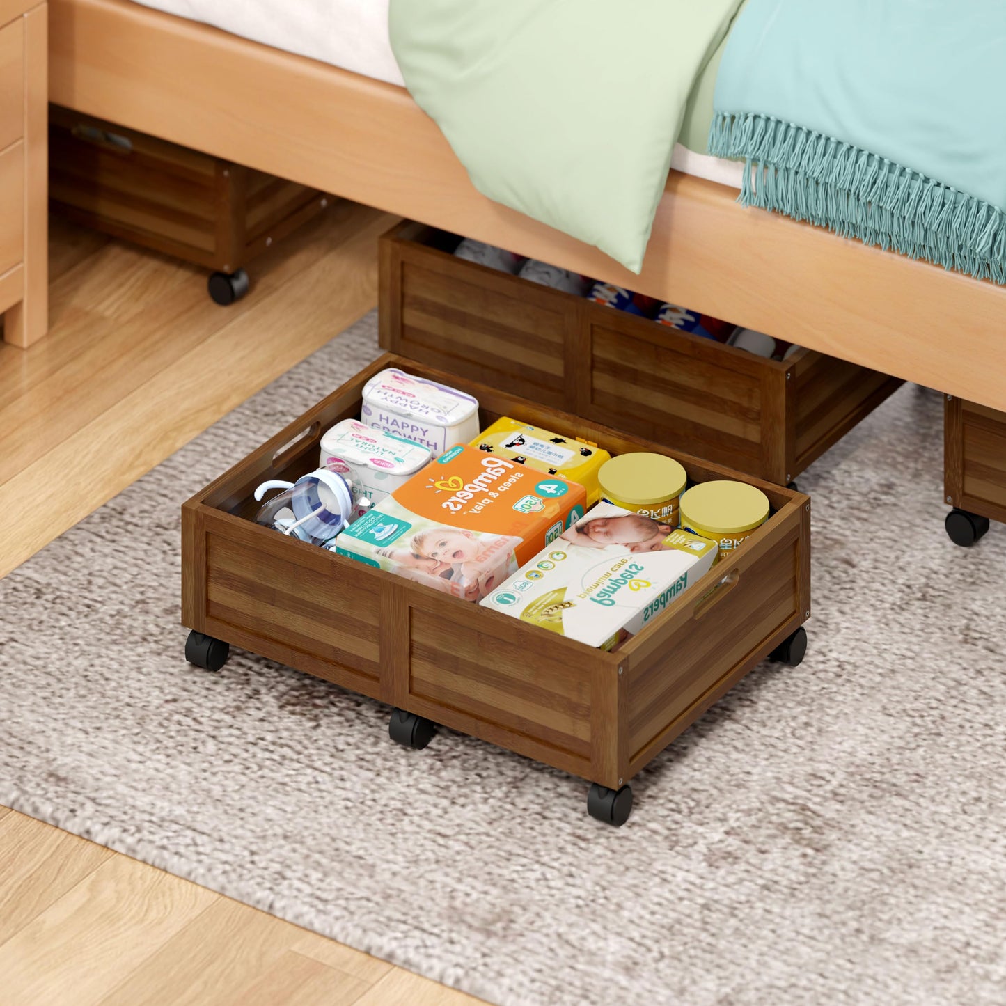 Wood Under Bed Storage Containers with Wheels, Rolling Shoe Organizer