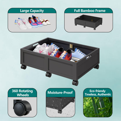 Wood Under Bed Storage Containers with Wheels, Rolling Shoe Organizer