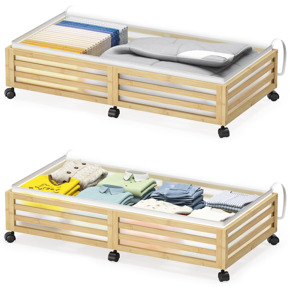 Under Bed Storage Bins with Wheels, Bamboo Shoe Organizer
