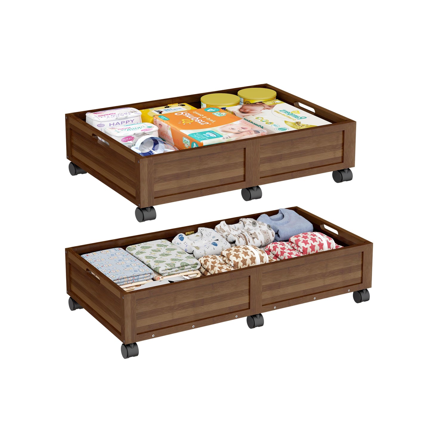 Wood Under Bed Storage Containers with Wheels, Rolling Shoe Organizer