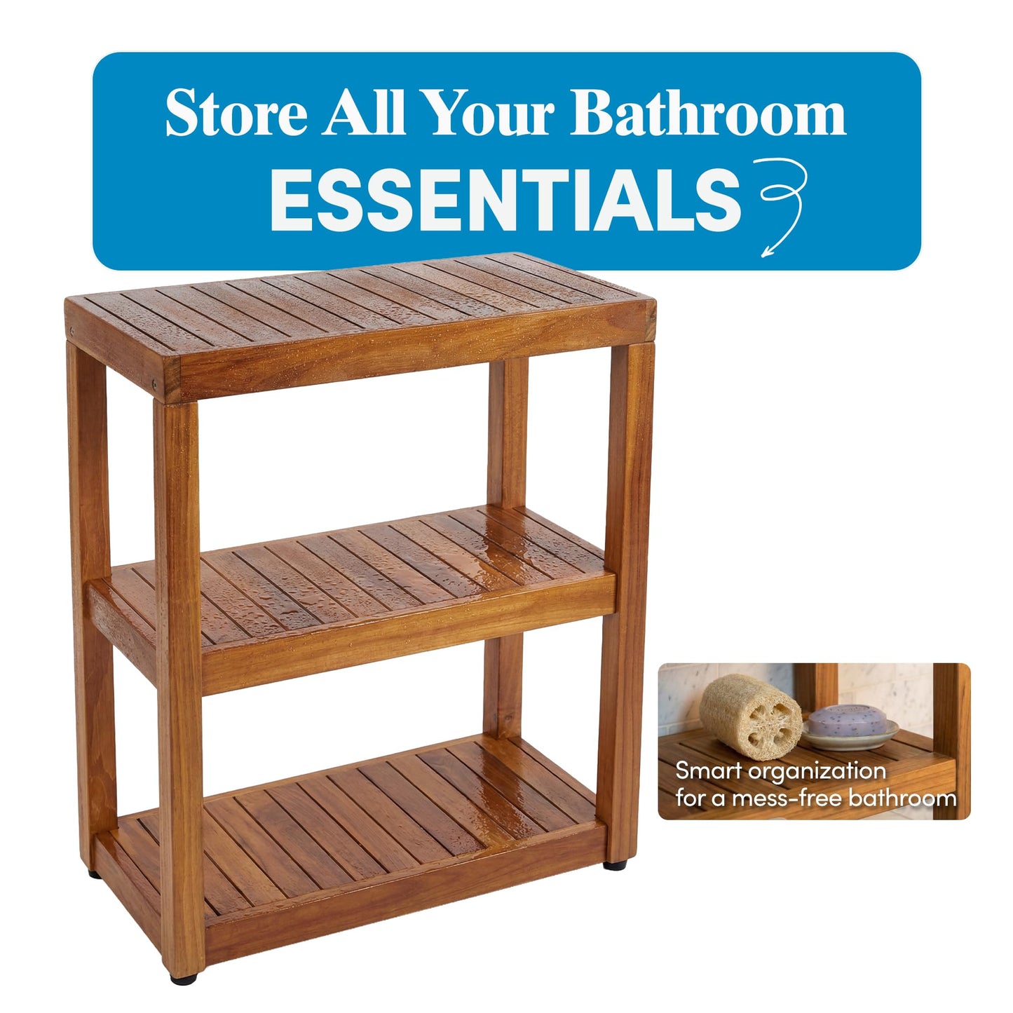 Teak Shower Stand with 3 Tier Shelf, Bathroom Organizer Rack