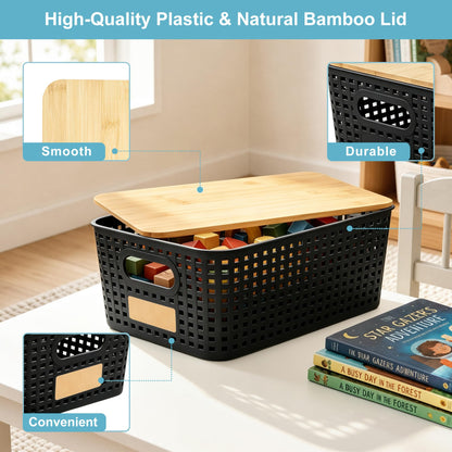 Plastic Storage Bins with Bamboo Lids, Stackable Organizer Boxes