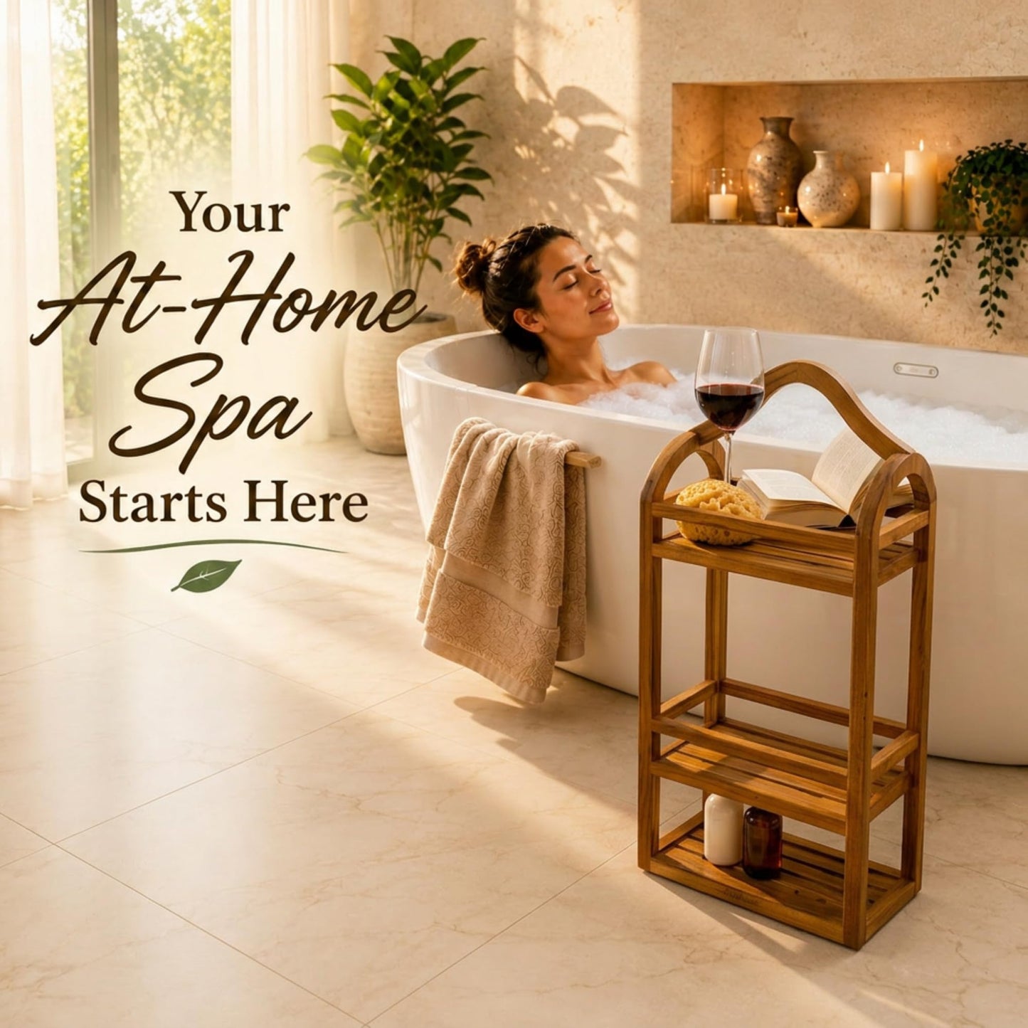 Wall Mount Teak Shower Caddy, Bathroom Storage Shelf