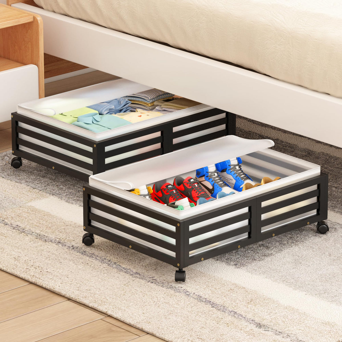 Under Bed Storage Bins with Wheels, Bamboo Shoe Organizer