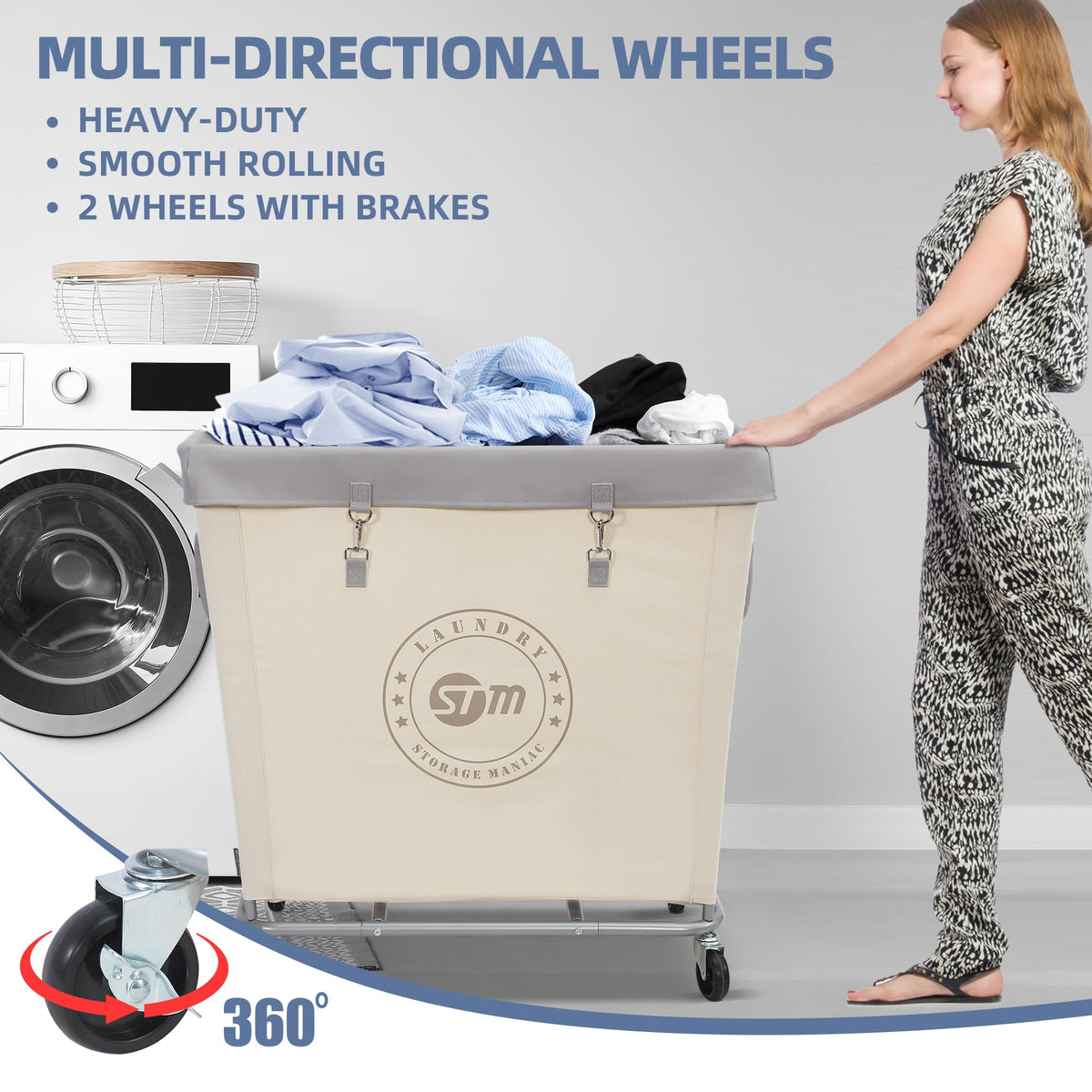 Industrial Laundry Hamper Cart with Wheels, Steel Frame