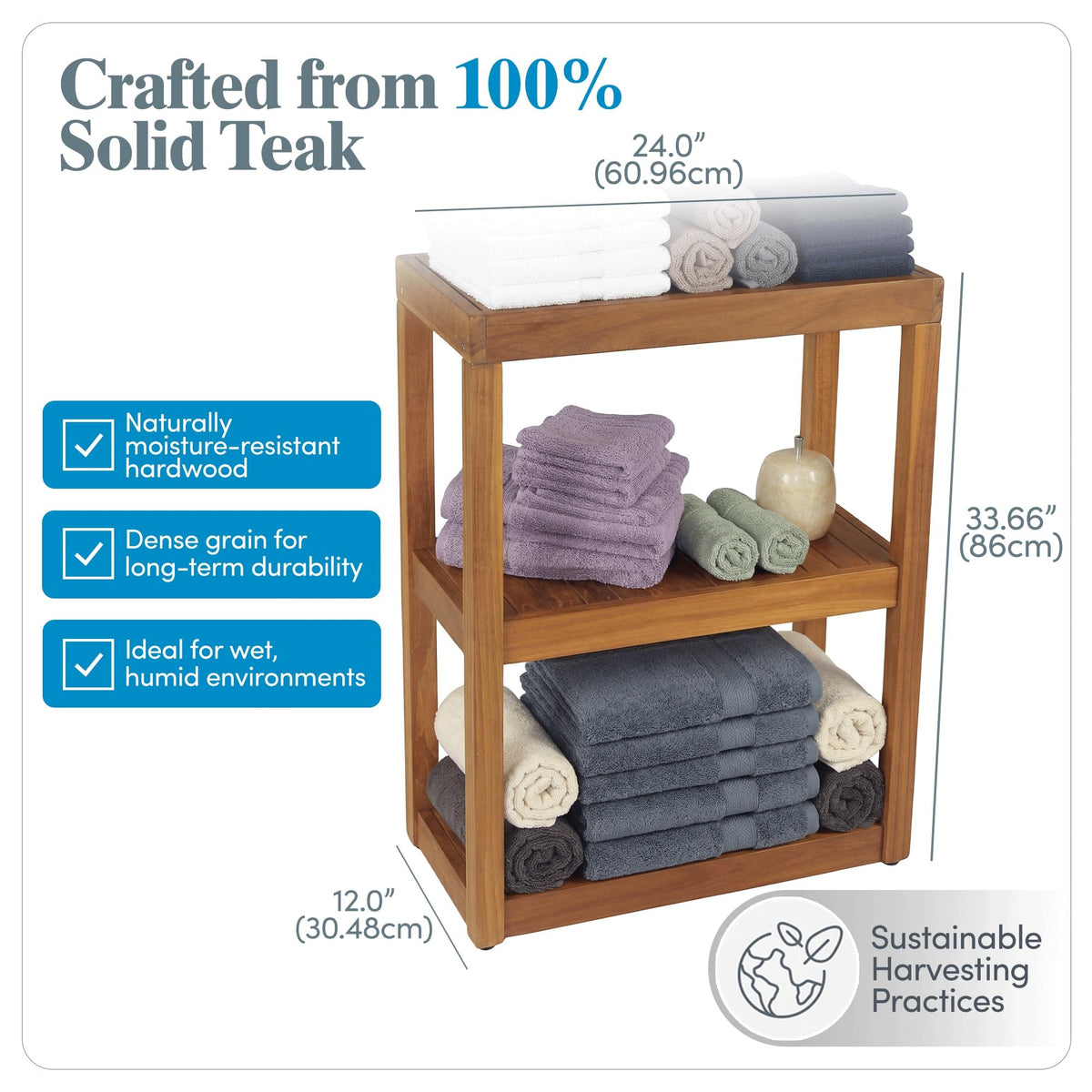 Teak Shower Stand with 3 Tier Shelf, Bathroom Organizer Rack