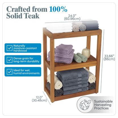 Teak Shower Stand with 3 Tier Shelf, Bathroom Organizer Rack
