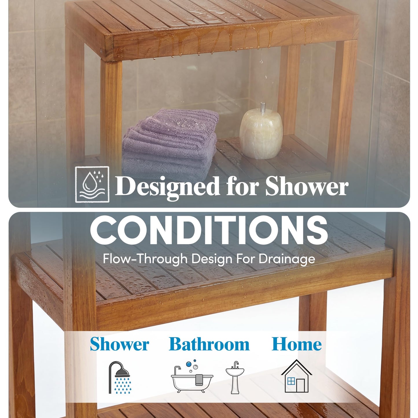 Teak Shower Stand with 3 Tier Shelf, Bathroom Organizer Rack