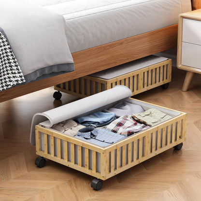 Bamboo Under Bed Storage with Wheels, Rolling Organizer