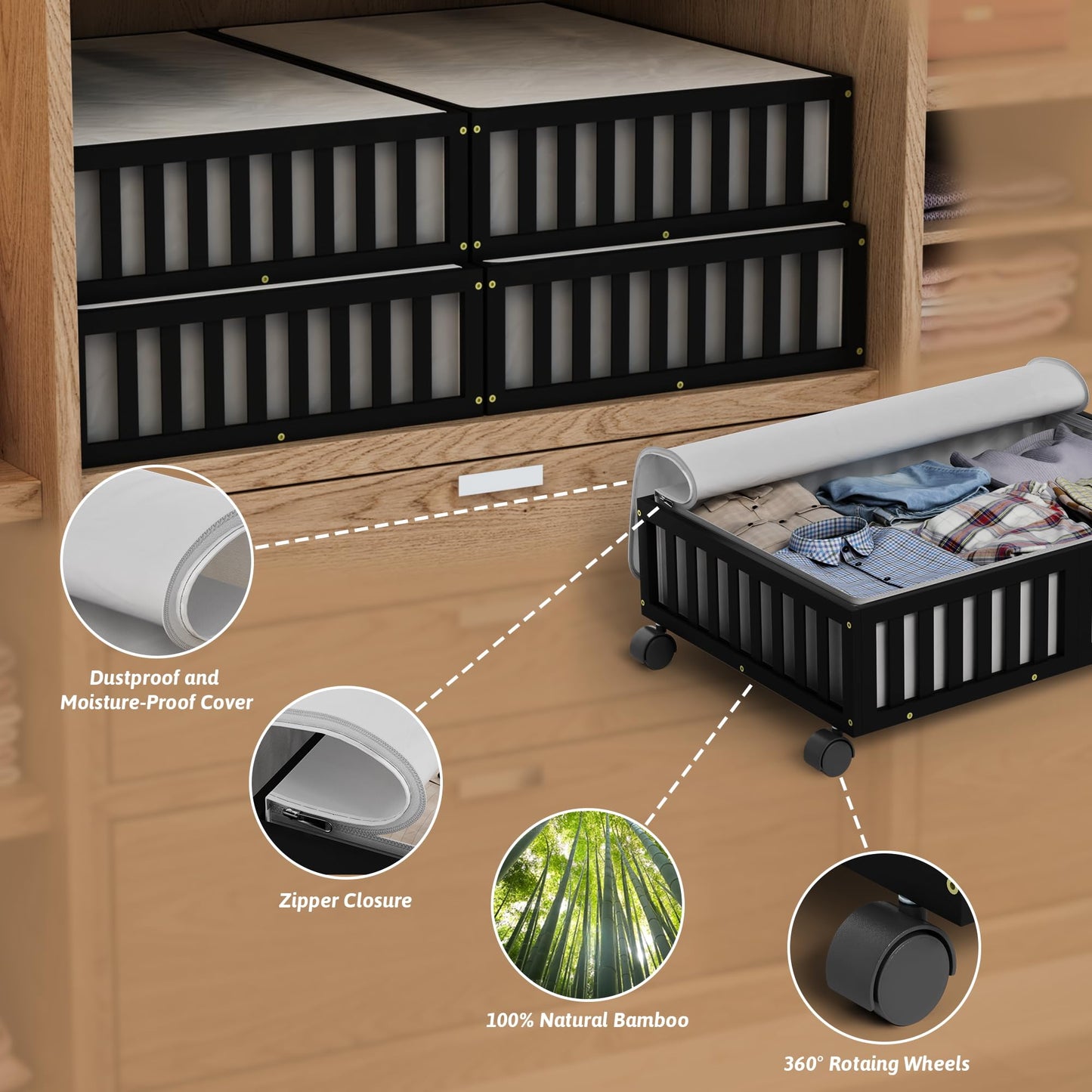 Bamboo Under Bed Storage with Wheels, Rolling Organizer