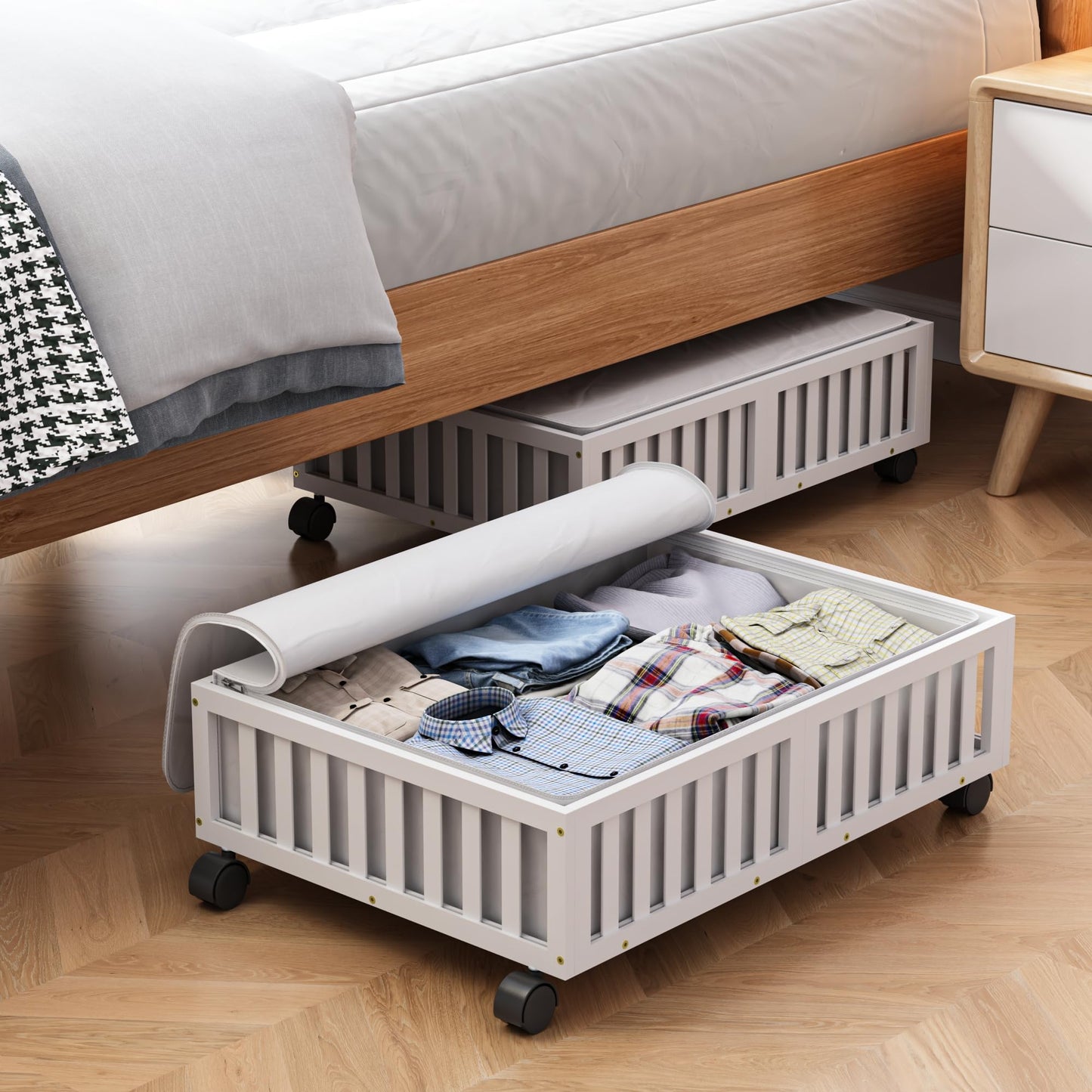 Bamboo Under Bed Storage with Wheels, Rolling Organizer