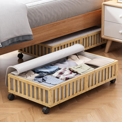 Bamboo Under Bed Storage with Wheels, Rolling Organizer