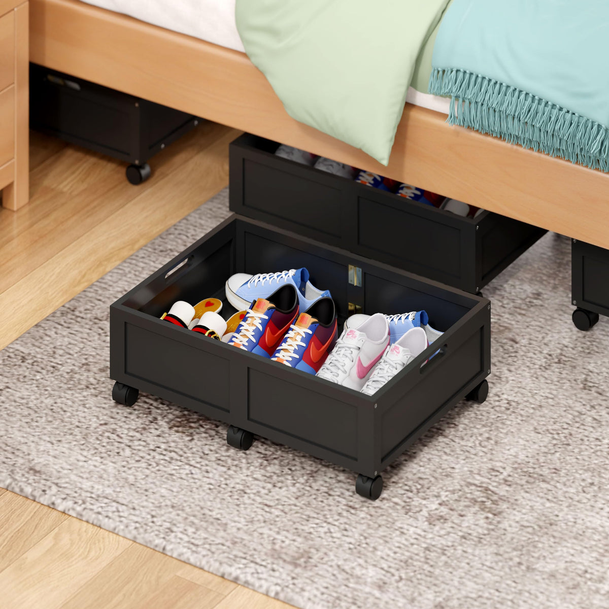 Wood Under Bed Storage Containers with Wheels, Rolling Shoe Organizer
