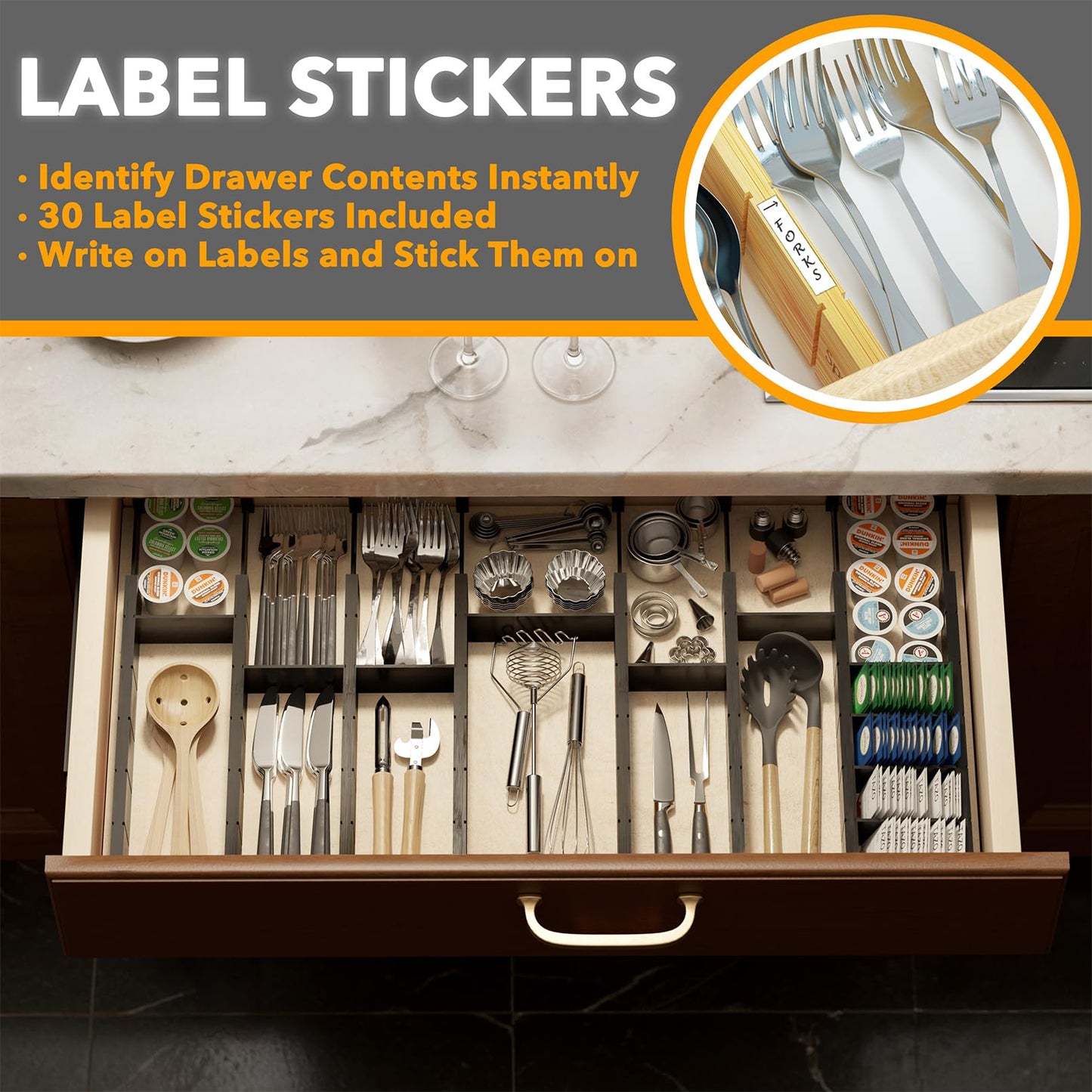 Bamboo Drawer Dividers with Labels, Adjustable Organizer Inserts
