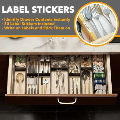 Bamboo Drawer Dividers with Labels, Adjustable Organizer Inserts