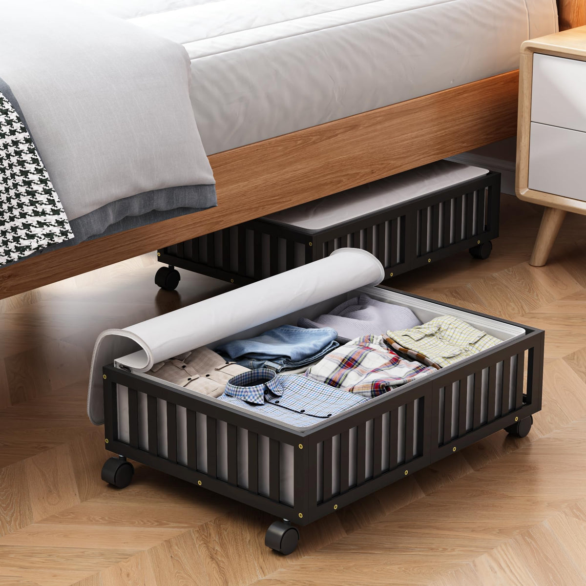 Bamboo Under Bed Storage with Wheels, Rolling Organizer