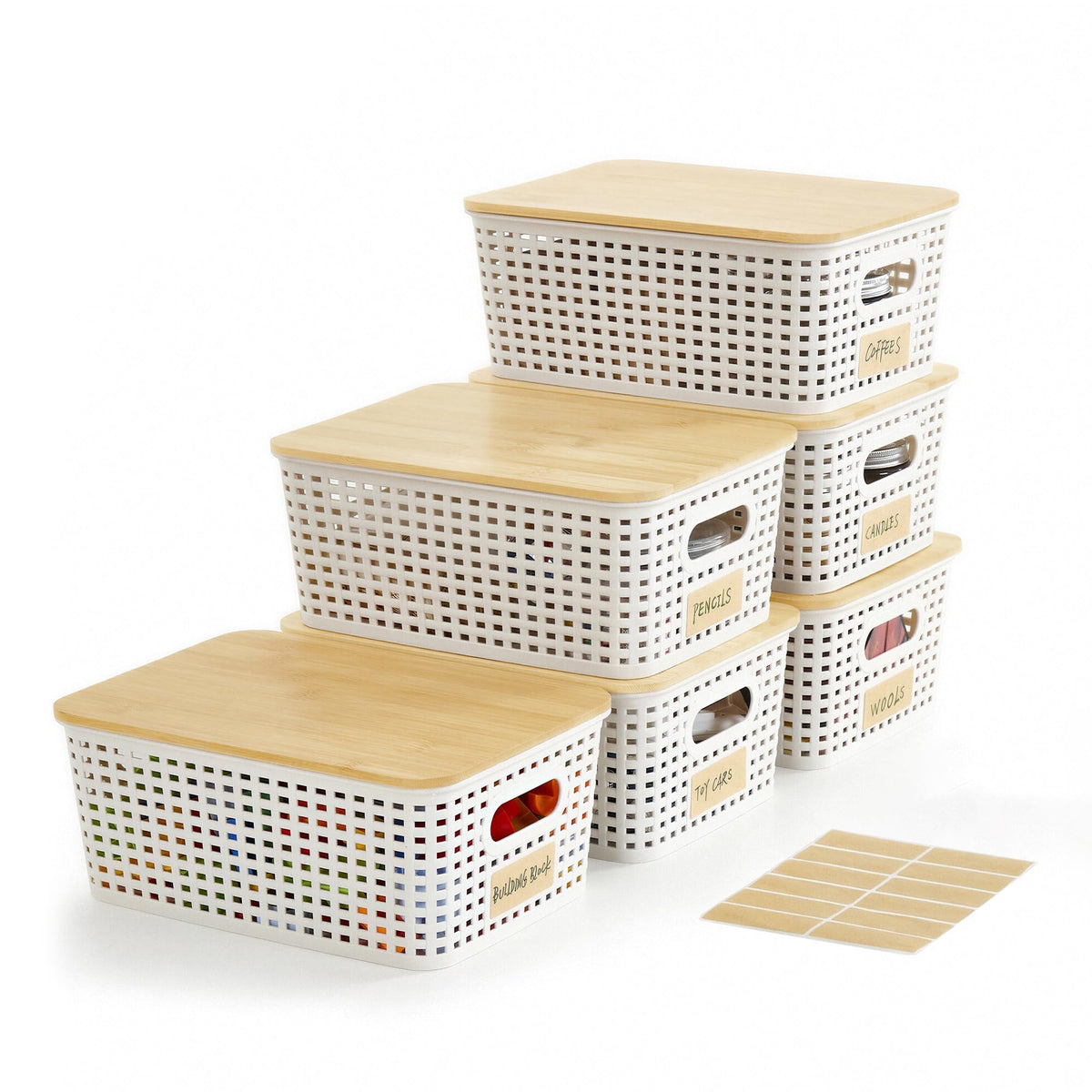 Plastic Storage Bins with Bamboo Lids, Stackable Organizer Boxes