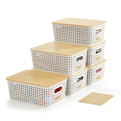 Plastic Storage Bins with Bamboo Lids, Stackable Organizer Boxes