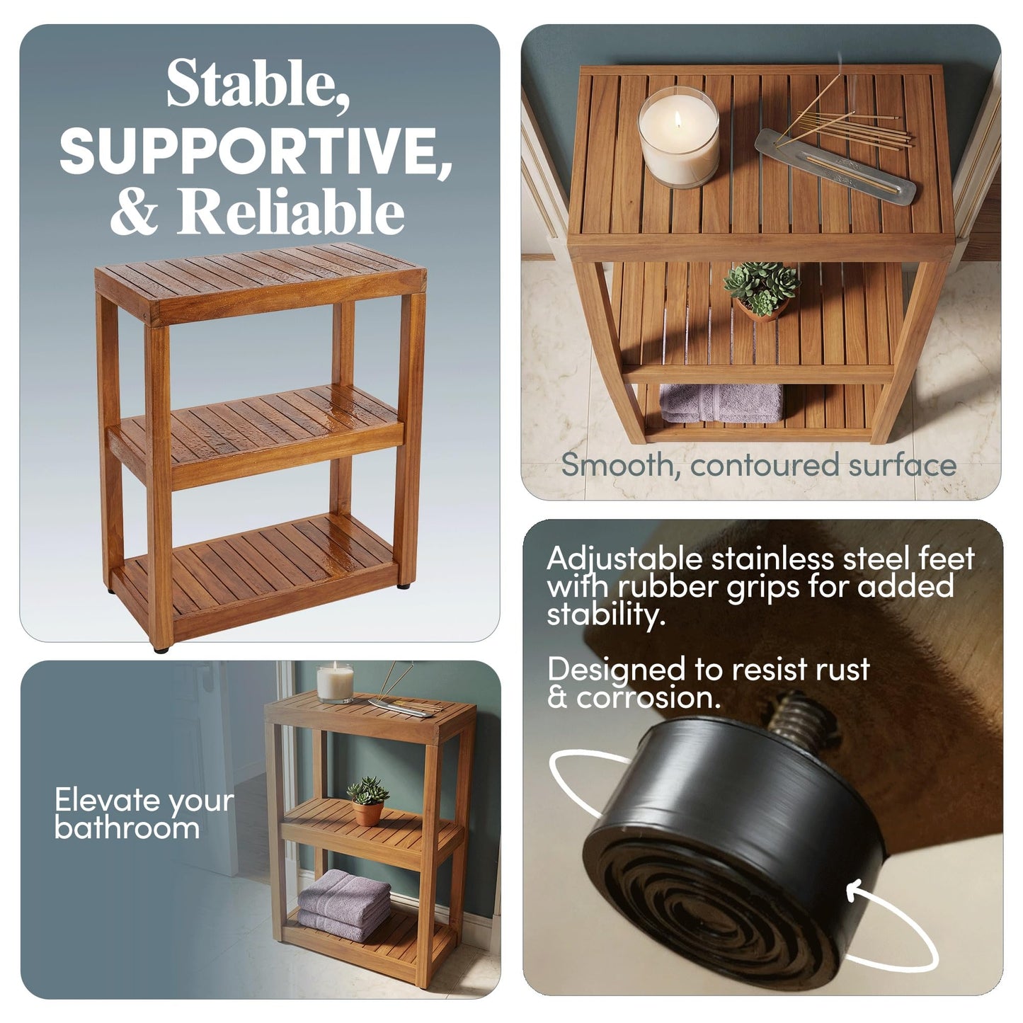 Teak Shower Stand with 3 Tier Shelf, Bathroom Organizer Rack