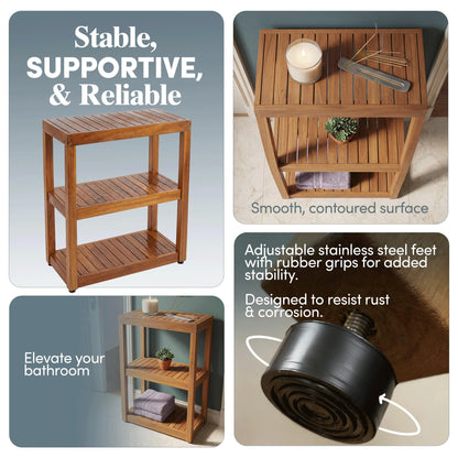 Teak Shower Stand with 3 Tier Shelf, Bathroom Organizer Rack