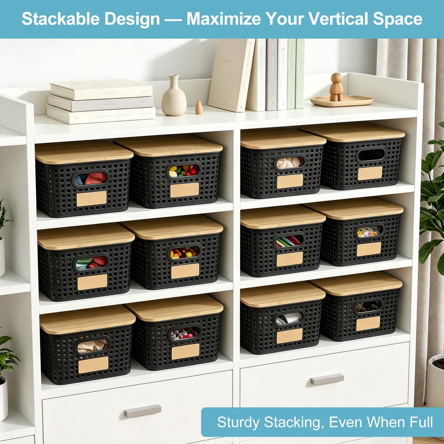 Plastic Storage Bins with Bamboo Lids, Stackable Organizer Boxes
