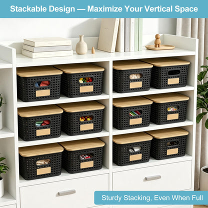 Plastic Storage Bins with Bamboo Lids, Stackable Organizer Boxes