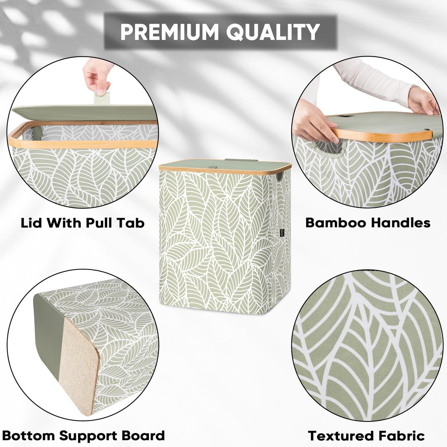 Laundry Hamper with Lid and Bamboo Handles, Tall Storage Basket