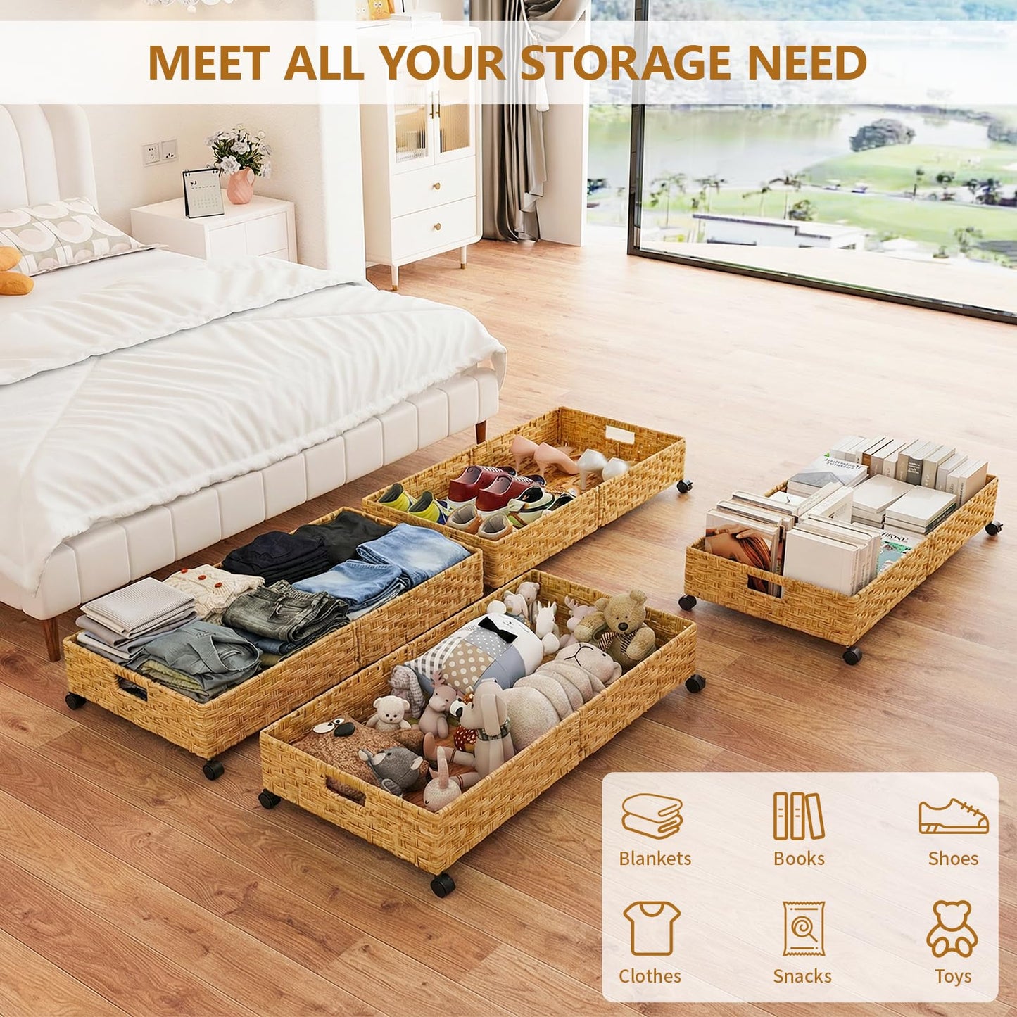 Gvztxoe Handwoven Rattan Underbed Storage with Wheels