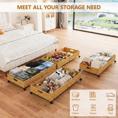 Gvztxoe Handwoven Rattan Underbed Storage with Wheels