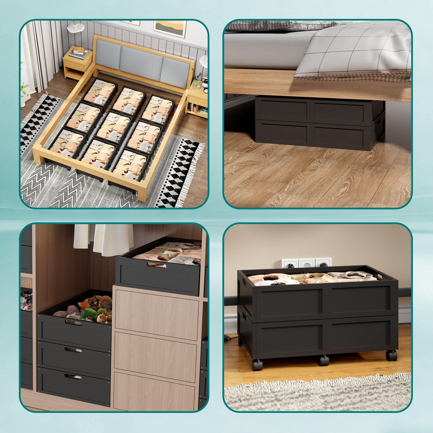Wood Under Bed Storage Containers with Wheels, Rolling Shoe Organizer