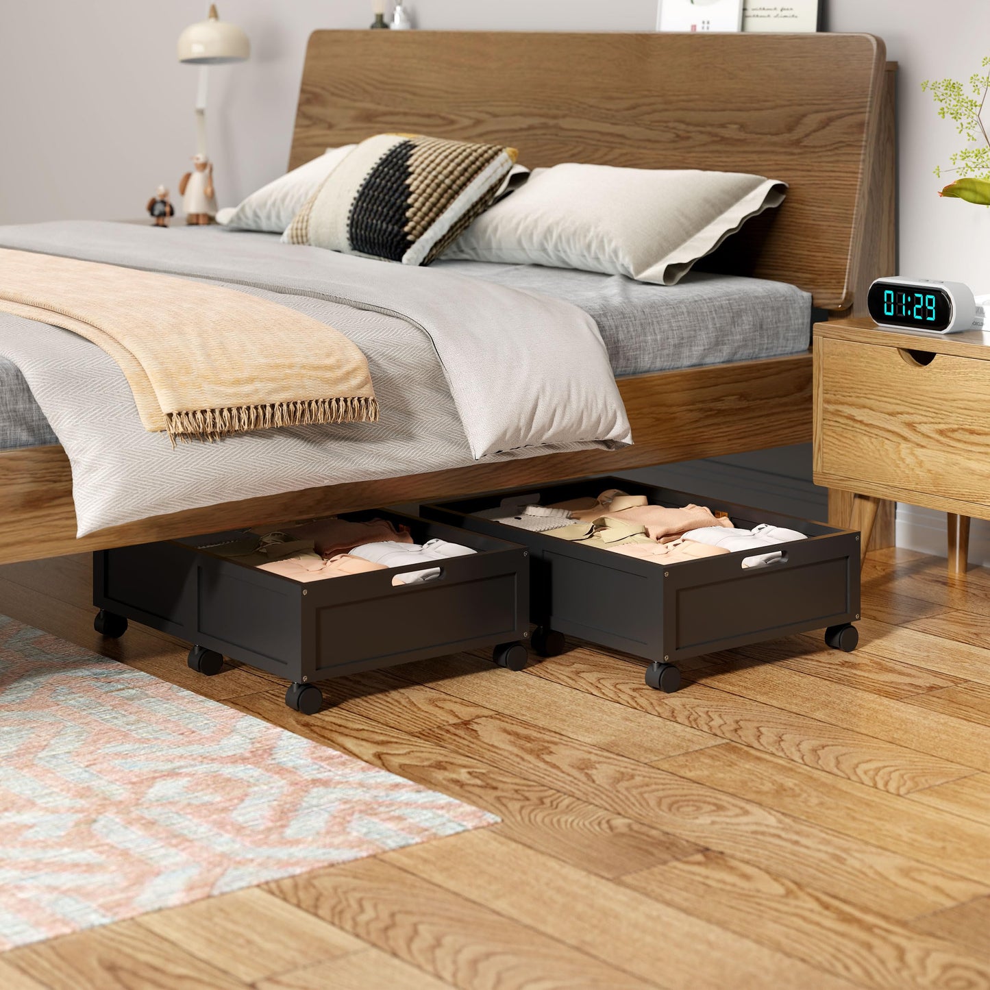 Wood Under Bed Storage Containers with Wheels, Rolling Shoe Organizer