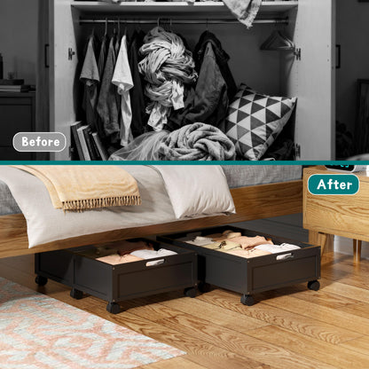 Wood Under Bed Storage Containers with Wheels, Rolling Shoe Organizer