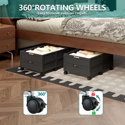 Wood Under Bed Storage Containers with Wheels, Rolling Shoe Organizer
